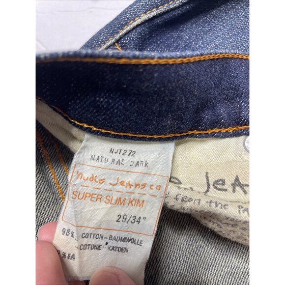 Nudie Jeans Super Slim Kim Mens 32x34 Dark Blue Denim Jeans Slim Straight Leg - Picture 4 of 7